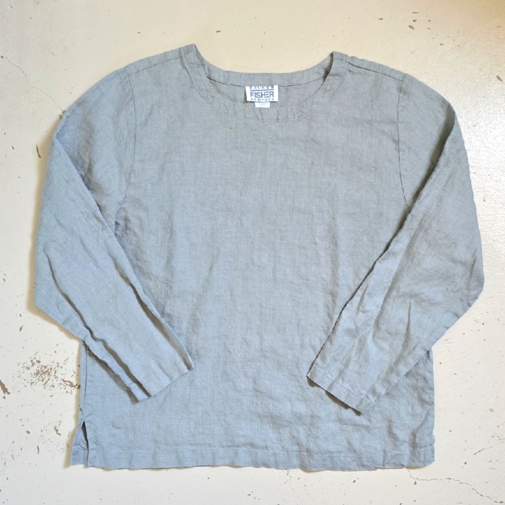 Vintage Eileen Fisher New York Sage Green Linen Longsleeve Top Women's Size 2